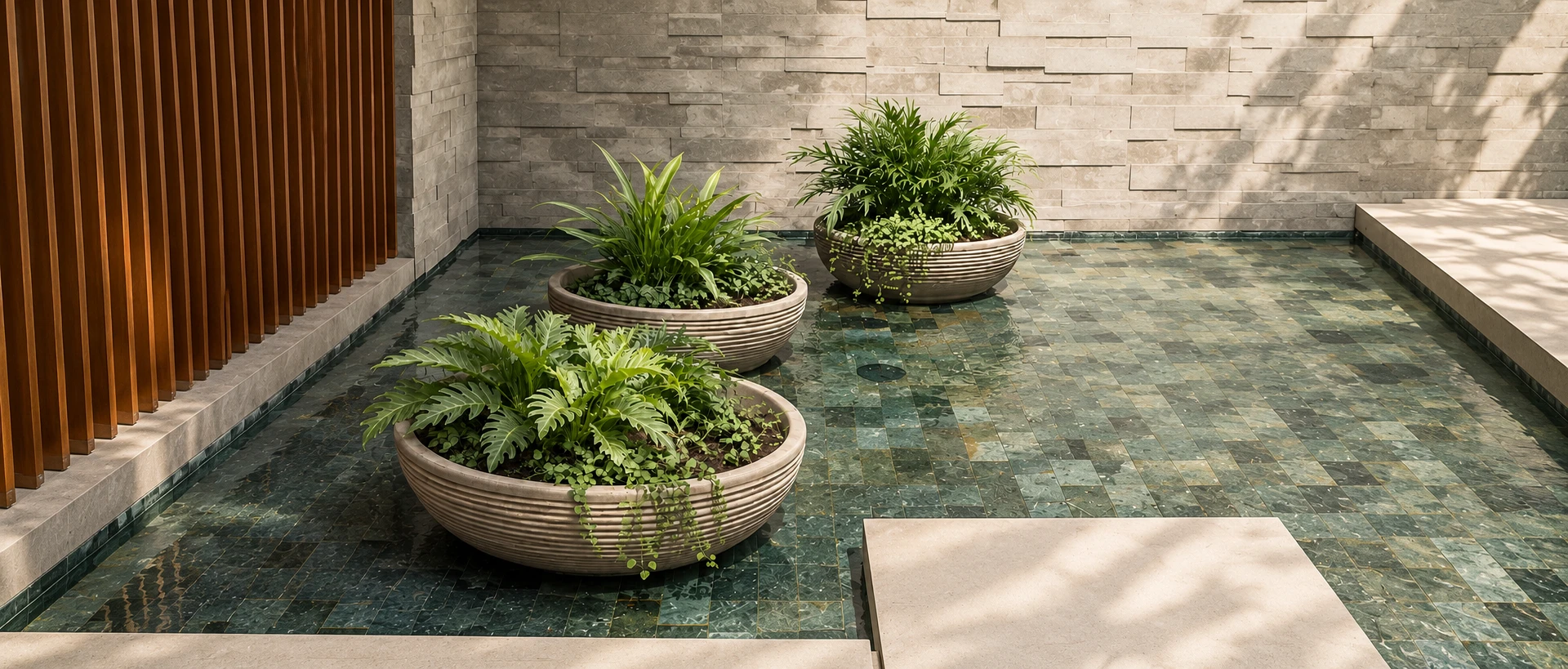 Tres maceteros bajos de concreto con estrías horizontales, sembrados con helechos, sobre piso de piedra verde